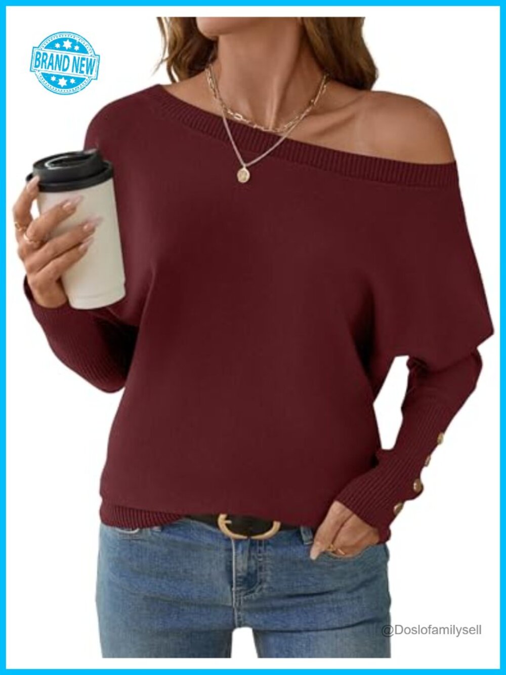 Womens One Off Shoulder Batwing Sleeve Knit Pullover Sweater Long Sleeve